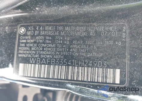 2001 BMW X5 4.4 z USA, uszkodzony, nr VIN WBAFB33541LH24903